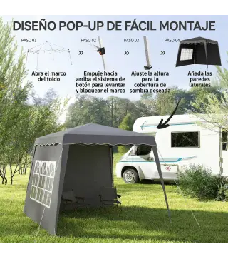 Carpa Plegable Pop-up 2,89x2,89m Cenador Pabellón de Jardín con Paredes Laterales Altura Ajustable Protección UV50+ Gris