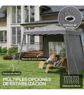 Carpa Plegable Pop-up 2,89x2,89m Cenador Pabellón de Jardín con Paredes Laterales Altura Ajustable Protección UV50+ Gris