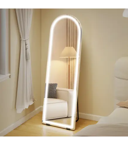 Espejo de Pie Cuerpo Entero con Luces 150x50cm Arqueado sin Marco 3 Temperaturas de Color Brillo Ajustable Transparente