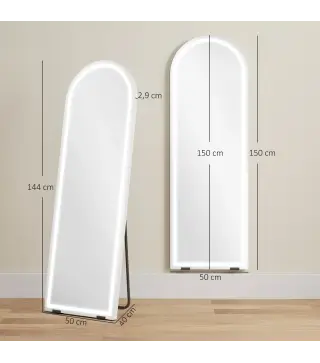 Espejo de Pie Cuerpo Entero con Luces 150x50cm Arqueado sin Marco 3 Temperaturas de Color Brillo Ajustable Transparente