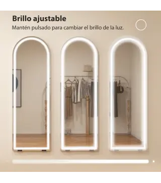 Espejo de Pie Cuerpo Entero con Luces 150x50cm Arqueado sin Marco 3 Temperaturas de Color Brillo Ajustable Transparente