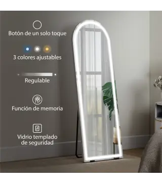 Espejo de Pie Cuerpo Entero con Luces 150x50cm Arqueado sin Marco 3 Temperaturas de Color Brillo Ajustable Transparente