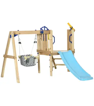Columpio y Tobogán Infantil Exterior de Madera con Volante Telescopio para Niños de 18-48 Meses Madera Natural
