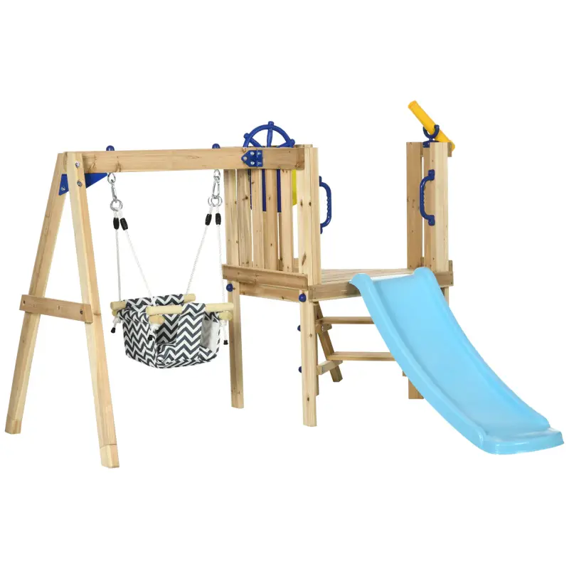 Columpio y Tobogán Infantil Exterior de Madera con Volante Telescopio para Niños de 18-48 Meses Madera Natural