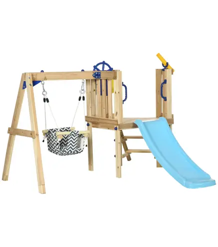 Columpio y Tobogán Infantil Exterior de Madera con Volante Telescopio para Niños de 18-48 Meses Madera Natural
