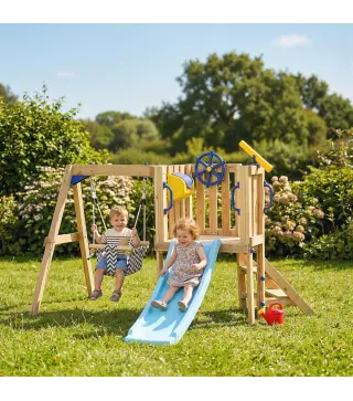 Columpio y Tobogán Infantil Exterior de Madera con Volante Telescopio para Niños de 18-48 Meses Madera Natural