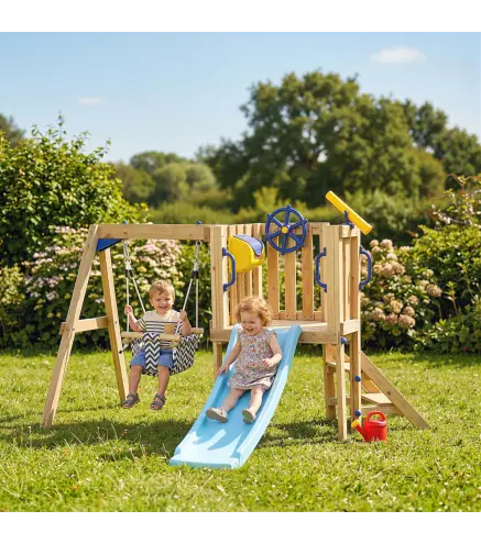 Columpio y Tobogán Infantil Exterior de Madera con Volante Telescopio para Niños de 18-48 Meses Madera Natural
