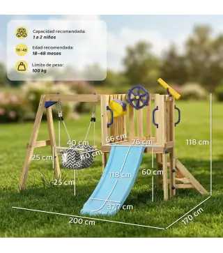 Columpio y Tobogán Infantil Exterior de Madera con Volante Telescopio para Niños de 18-48 Meses Madera Natural