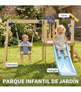 Columpio y Tobogán Infantil Exterior de Madera con Volante Telescopio para Niños de 18-48 Meses Madera Natural