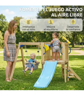 Columpio y Tobogán Infantil Exterior de Madera con Volante Telescopio para Niños de 18-48 Meses Madera Natural