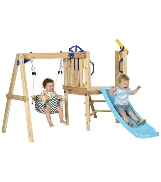 Columpio y Tobogán Infantil Exterior de Madera con Volante Telescopio para Niños de 18-48 Meses Madera Natural