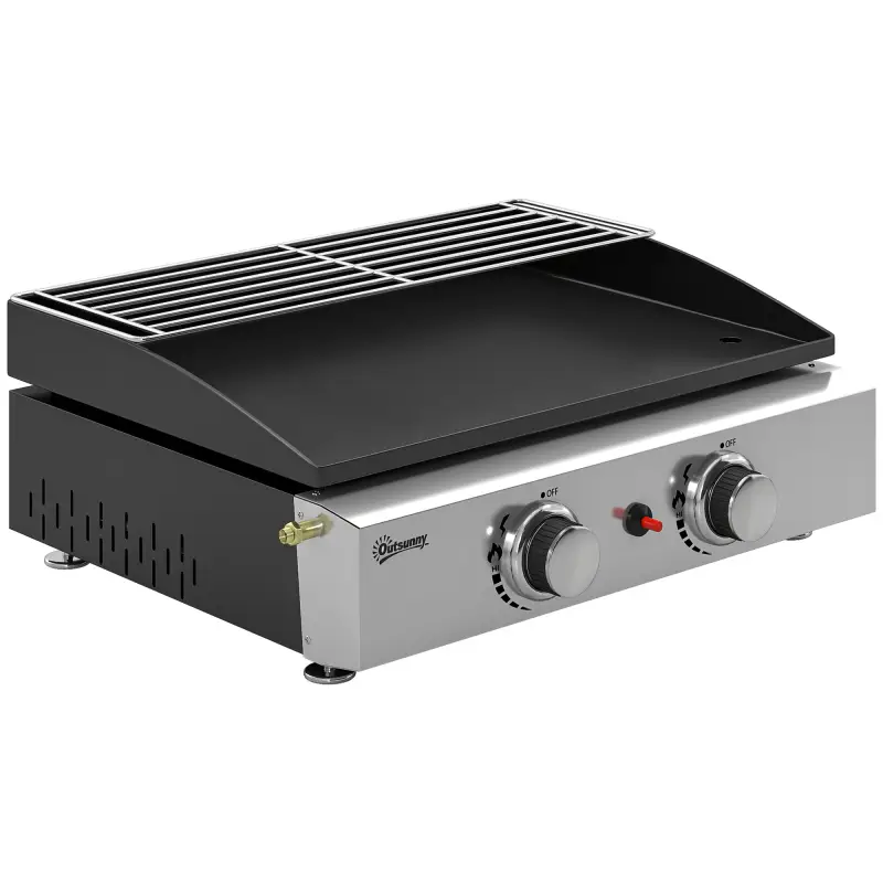 Barbacoa de Gas con 2 Quemadores 5 kW Barbacoa Portátil con Plancha Rejilla Calentadora y Recogedor Grasa Negro Barbacoa de Gas con 2 Quemadores 5 kW Barbacoa Portátil con Plancha Rejilla Calentadora y Recogedor Grasa Negro
