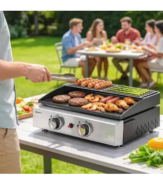 Barbacoa de Gas con 2 Quemadores 5 kW Barbacoa Portátil con Plancha Rejilla Calentadora y Recogedor Grasa Negro