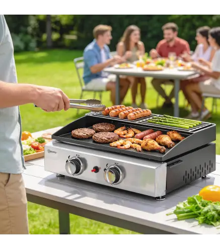 Barbacoa de Gas con 2 Quemadores 5 kW Barbacoa Portátil con Plancha Rejilla Calentadora y Recogedor Grasa Negro