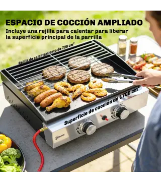 Barbacoa de Gas con 2 Quemadores 5 kW Barbacoa Portátil con Plancha Rejilla Calentadora y Recogedor Grasa Negro