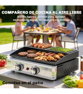 Barbacoa de Gas con 2 Quemadores 5 kW Barbacoa Portátil con Plancha Rejilla Calentadora y Recogedor Grasa Negro