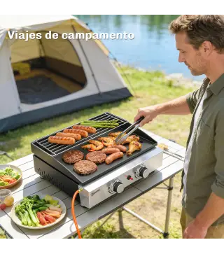 Barbacoa de Gas con 2 Quemadores 5 kW Barbacoa Portátil con Plancha Rejilla Calentadora y Recogedor Grasa Negro