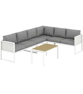 Conjunto de Jardín Exterior con Cojines 3 Sofás de 2 Plazas Mesa con Tablero Efecto Madera WPC y Cojines Gris y Blanco