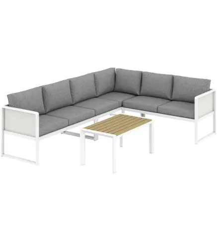 Conjunto de Jardín Exterior con Cojines 3 Sofás de 2 Plazas Mesa con Tablero Efecto Madera WPC y Cojines Gris y Blanco