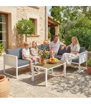 Conjunto de Jardín Exterior con Cojines 3 Sofás de 2 Plazas Mesa con Tablero Efecto Madera WPC y Cojines Gris y Blanco