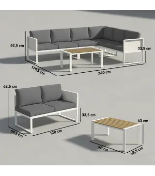 Conjunto de Jardín Exterior con Cojines 3 Sofás de 2 Plazas Mesa con Tablero Efecto Madera WPC y Cojines Gris y Blanco