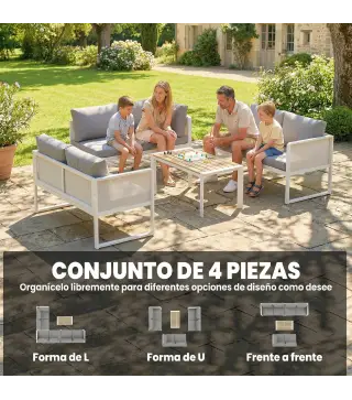 Conjunto de Jardín Exterior con Cojines 3 Sofás de 2 Plazas Mesa con Tablero Efecto Madera WPC y Cojines Gris y Blanco