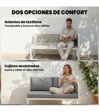 Conjunto de Jardín Exterior con Cojines 3 Sofás de 2 Plazas Mesa con Tablero Efecto Madera WPC y Cojines Gris y Blanco