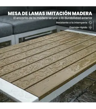 Conjunto de Jardín Exterior con Cojines 3 Sofás de 2 Plazas Mesa con Tablero Efecto Madera WPC y Cojines Gris y Blanco