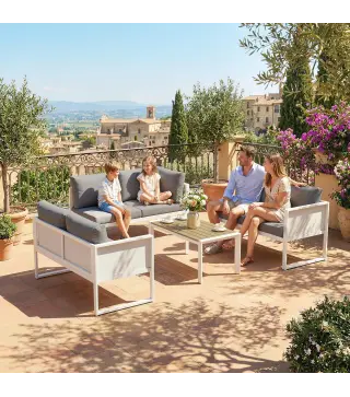 Conjunto de Jardín Exterior con Cojines 3 Sofás de 2 Plazas Mesa con Tablero Efecto Madera WPC y Cojines Gris y Blanco