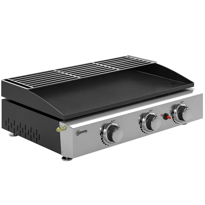 Barbacoa de Gas con 3 Quemadores 7,5 kW Barbacoa Portátil con Plancha Rejilla Calentadora y Recogedor Grasa Negro