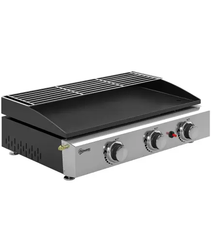 Barbacoa de Gas con 3 Quemadores 7,5 kW Barbacoa Portátil con Plancha Rejilla Calentadora y Recogedor Grasa Negro