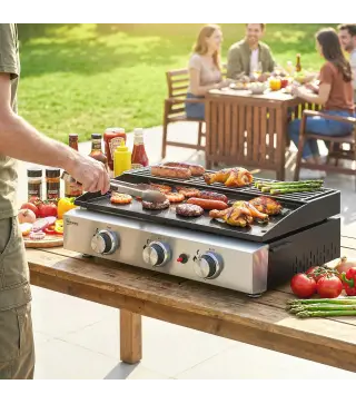 Barbacoa de Gas con 3 Quemadores 7,5 kW Barbacoa Portátil con Plancha Rejilla Calentadora y Recogedor Grasa Negro