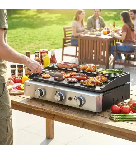 Barbacoa de Gas con 3 Quemadores 7,5 kW Barbacoa Portátil con Plancha Rejilla Calentadora y Recogedor Grasa Negro