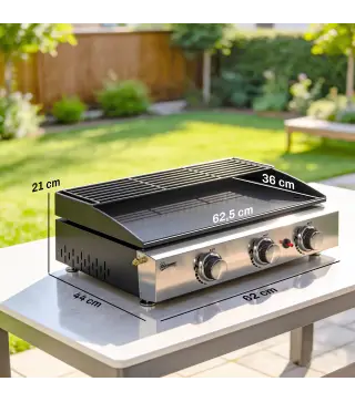 Barbacoa de Gas con 3 Quemadores 7,5 kW Barbacoa Portátil con Plancha Rejilla Calentadora y Recogedor Grasa Negro