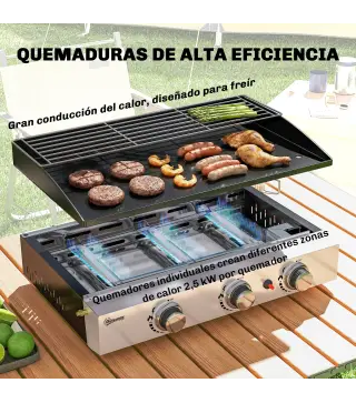 Barbacoa de Gas con 3 Quemadores 7,5 kW Barbacoa Portátil con Plancha Rejilla Calentadora y Recogedor Grasa Negro