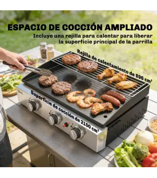 Barbacoa de Gas con 3 Quemadores 7,5 kW Barbacoa Portátil con Plancha Rejilla Calentadora y Recogedor Grasa Negro