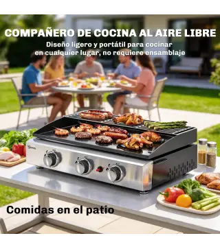 Barbacoa de Gas con 3 Quemadores 7,5 kW Barbacoa Portátil con Plancha Rejilla Calentadora y Recogedor Grasa Negro
