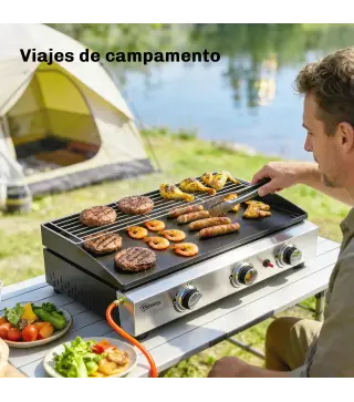 Barbacoa de Gas con 3 Quemadores 7,5 kW Barbacoa Portátil con Plancha Rejilla Calentadora y Recogedor Grasa Negro