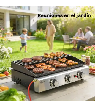 Barbacoa de Gas con 3 Quemadores 7,5 kW Barbacoa Portátil con Plancha Rejilla Calentadora y Recogedor Grasa Negro