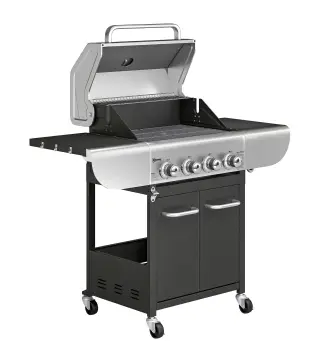 Barbacoa de Gas con 4 Quemadores 12,8 kW Termómetro Parrillas de Hierro Fundido Mesas Laterales Armario y Ruedas Negro