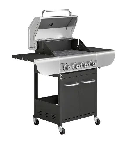Barbacoa de Gas con 4 Quemadores 12,8 kW Termómetro Parrillas de Hierro Fundido Mesas Laterales Armario y Ruedas Negro