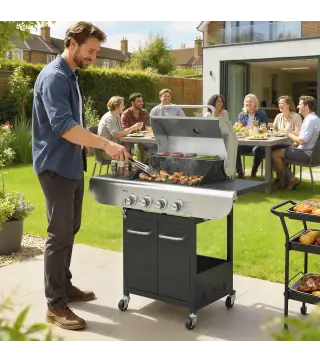 Barbacoa de Gas con 4 Quemadores 12,8 kW Termómetro Parrillas de Hierro Fundido Mesas Laterales Armario y Ruedas Negro