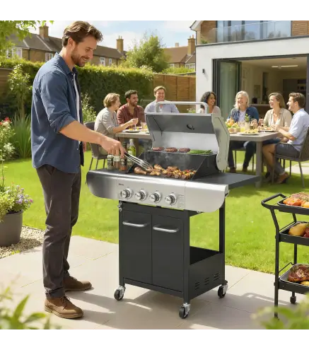 Barbacoa de Gas con 4 Quemadores 12,8 kW Termómetro Parrillas de Hierro Fundido Mesas Laterales Armario y Ruedas Negro