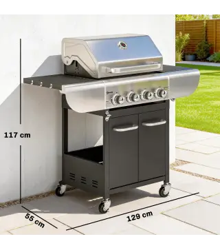 Barbacoa de Gas con 4 Quemadores 12,8 kW Termómetro Parrillas de Hierro Fundido Mesas Laterales Armario y Ruedas Negro