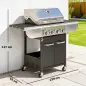 Barbacoa de Gas con 4 Quemadores 12,8 kW Termómetro Parrillas de Hierro Fundido Mesas Laterales Armario y Ruedas Negro