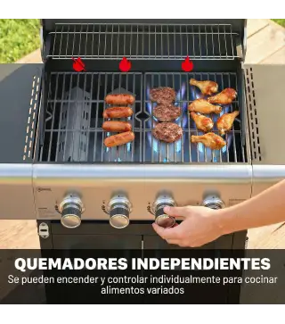 Barbacoa de Gas con 4 Quemadores 12,8 kW Termómetro Parrillas de Hierro Fundido Mesas Laterales Armario y Ruedas Negro