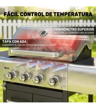 Barbacoa de Gas con 4 Quemadores 12,8 kW Termómetro Parrillas de Hierro Fundido Mesas Laterales Armario y Ruedas Negro