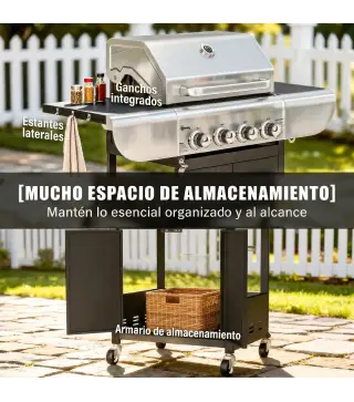 Barbacoa de Gas con 4 Quemadores 12,8 kW Termómetro Parrillas de Hierro Fundido Mesas Laterales Armario y Ruedas Negro