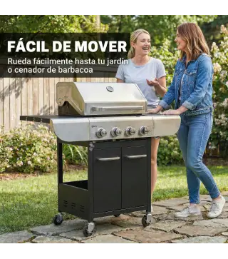 Barbacoa de Gas con 4 Quemadores 12,8 kW Termómetro Parrillas de Hierro Fundido Mesas Laterales Armario y Ruedas Negro