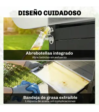Barbacoa de Gas con 4 Quemadores 12,8 kW Termómetro Parrillas de Hierro Fundido Mesas Laterales Armario y Ruedas Negro